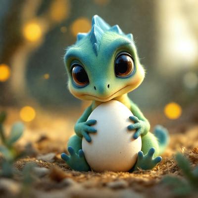 The primary subject of the image is a small, cute, and colorful lizard holding an egg in its hands. The lizard is positioned in the center of the image, and the egg is placed in its grasp. The setting is a forest, with trees visible in the background. The visual style of the image is a digital art or illustration, creating a whimsical and playful atmosphere. The dominant colors are green, blue, and yellow, which contribute to the lively and cheerful mood of the scene.